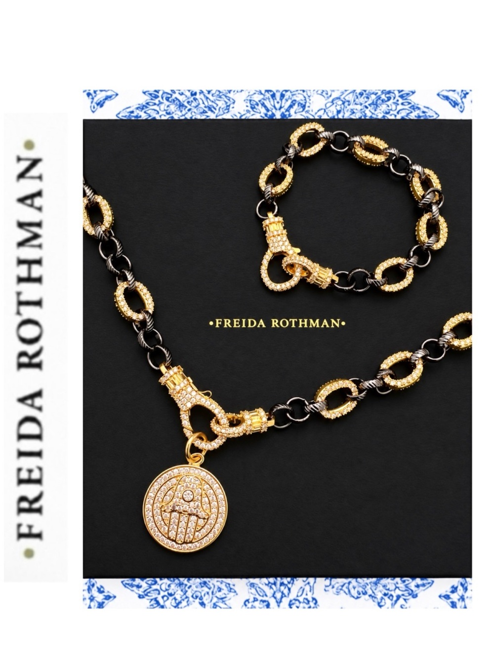 Freida Rothman Vault Black Rhodium & CZ Hamsa Pendant Necklace and Bracelet Set